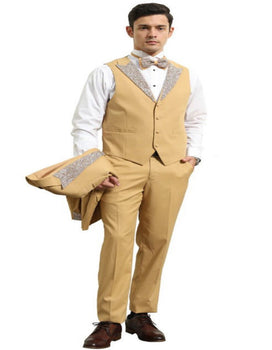Gold Mustard Prom Tuxedo - Perfect Wedding Suit Vested rhinestone sequin Lapelled - Image 2