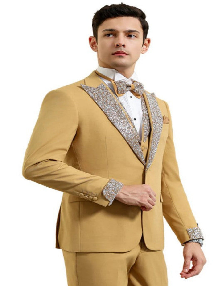 Gold Mustard Prom Tuxedo - Perfect Wedding Suit Vested Rhinestone Sequin Lapelled Gold