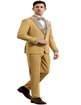 Gold Mustard Prom Tuxedo - Perfect Wedding Suit Vested rhinestone sequin Lapelled - Image 3