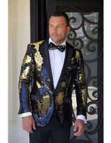 Men'S Gold Fashion Paisley Print Tuxedo Sequin ~ Shiny ~ Flashy ~ Shark Skin Blazer Dinner Jacket