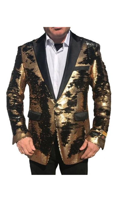 Gold Shiny Black Peak Lapels paisley look Fashion Tuxedo sport coat jacket - Image 9