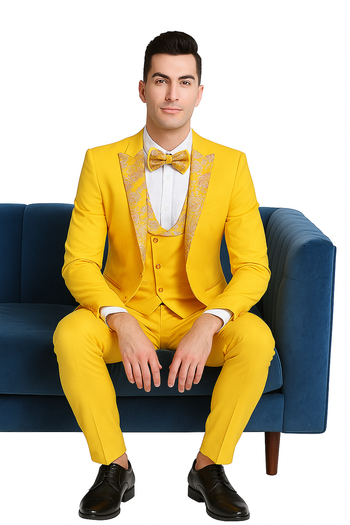 Radiant Golden Bloom Mens 3-Piece Suit with Floral Peak Lapel Modern Fit