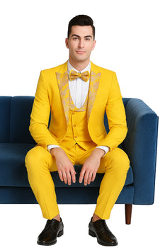 Radiant Golden Bloom Mens 3-Piece Suits with Floral Peak Lapel