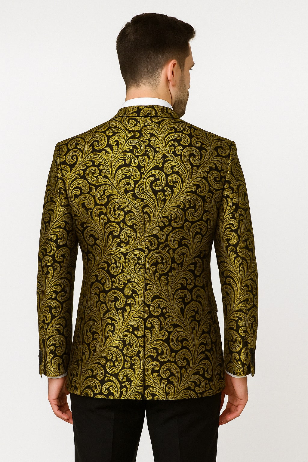 Mens Goldish Yellow and Black Paisley Tuxedo Blazer with Matching Bow Tie with Black Pants - Image 2