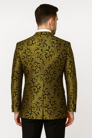 Mens Goldish Yellow and Black Paisley Tuxedo Blazer with Matching Bow Tie with Black Pants - Image 2