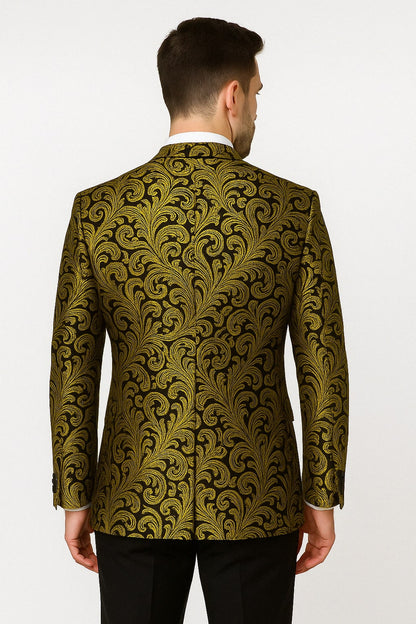 Mens Goldish Yellow and Black Paisley Tuxedo Blazer with Matching Bow Tie with Black Pants - Image 2