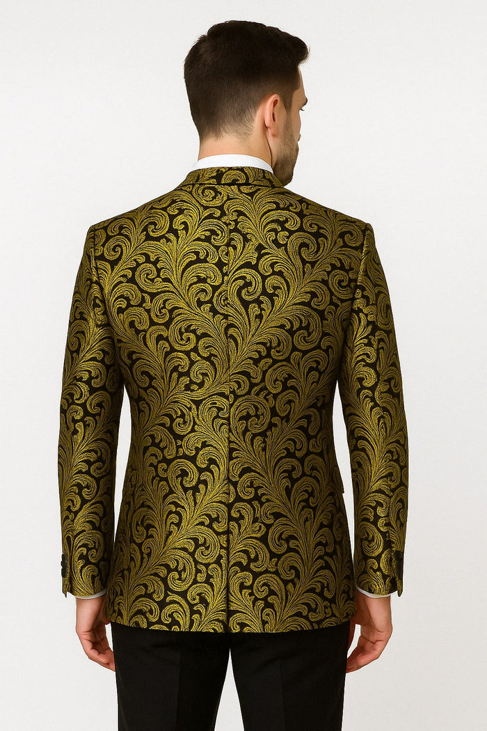 Mens Goldish Yellow and Black Paisley Tuxedo Blazer with Matching Bow Tie with Black Pants - Image 2
