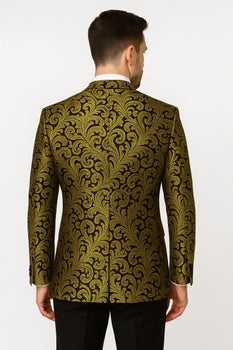 Mens Goldish Yellow and Black Paisley Tuxedo Blazer with Matching Bow Tie with Black Pants - Image 2