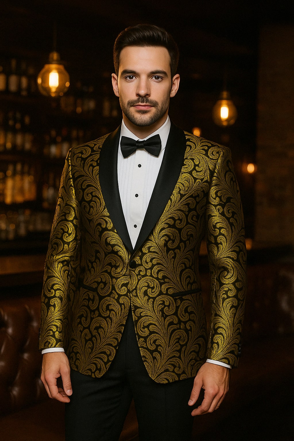 Mens Goldish Yellow and Black Paisley Tuxedo Blazer with Matching Bow Tie with Black Pants - Image 3