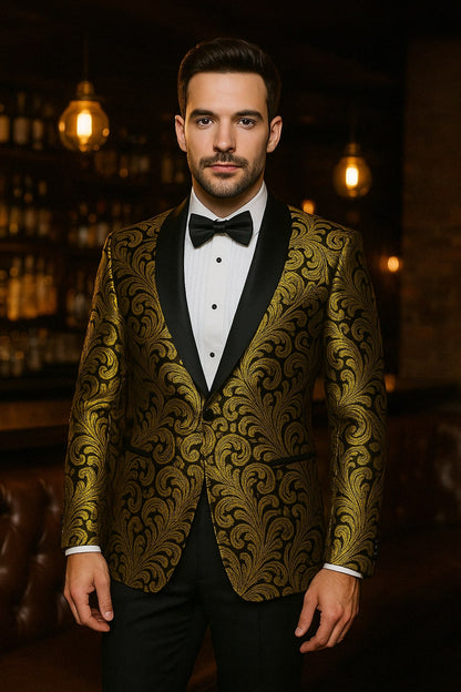 Mens Goldish Yellow and Black Paisley Tuxedo Blazer with Matching Bow Tie with Black Pants - Image 3