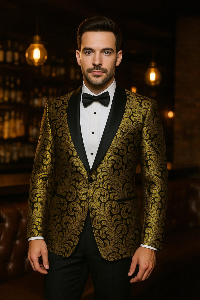 Mens Goldish Yellow and Black Paisley Tuxedo Blazer with Matching Bow Tie with Black Pants - Image 3