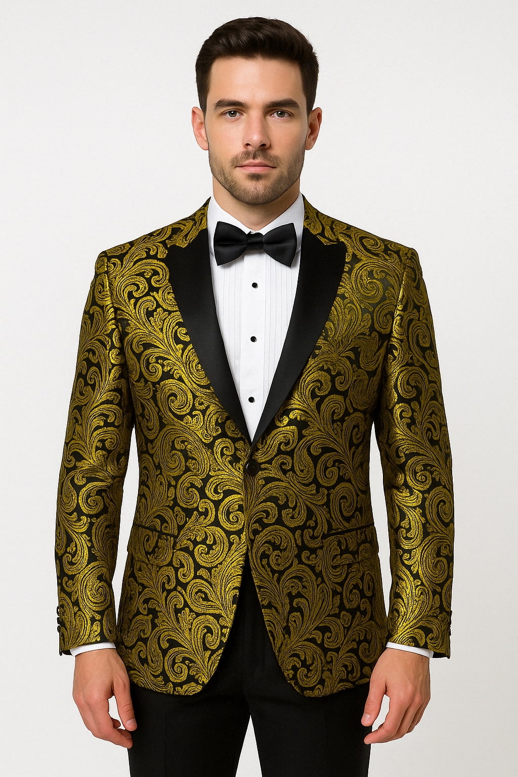 Mensusa Mens Goldish Yellow and Black Paisley Tuxedo Blazer with Matching Bow ...