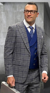 Gray Plaid - Vested Suits - Statement Brand - Vested Suits Wool Suits - Suits With Double Breasted Vest - Windowpane Pattern - 100% Percent Wool Fabric Suit - Worsted Wool Business Suit