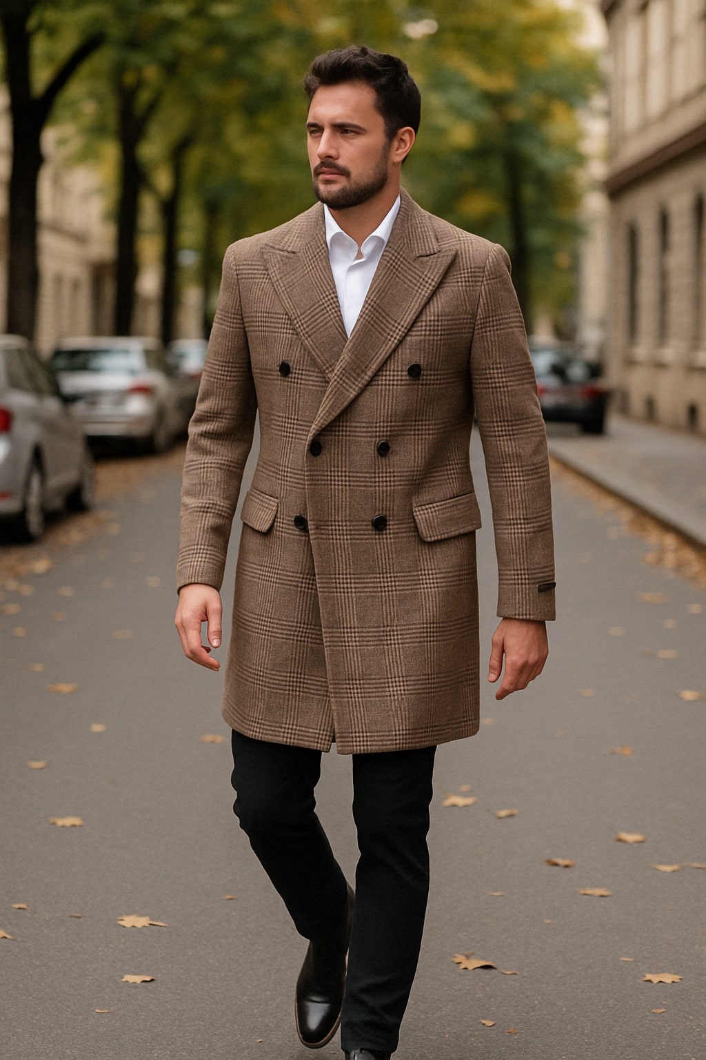 Mens Gray and Light Brown Glen Plaid Wool Overcoat – Double-Breasted Vintage Check Coat - Image 3
