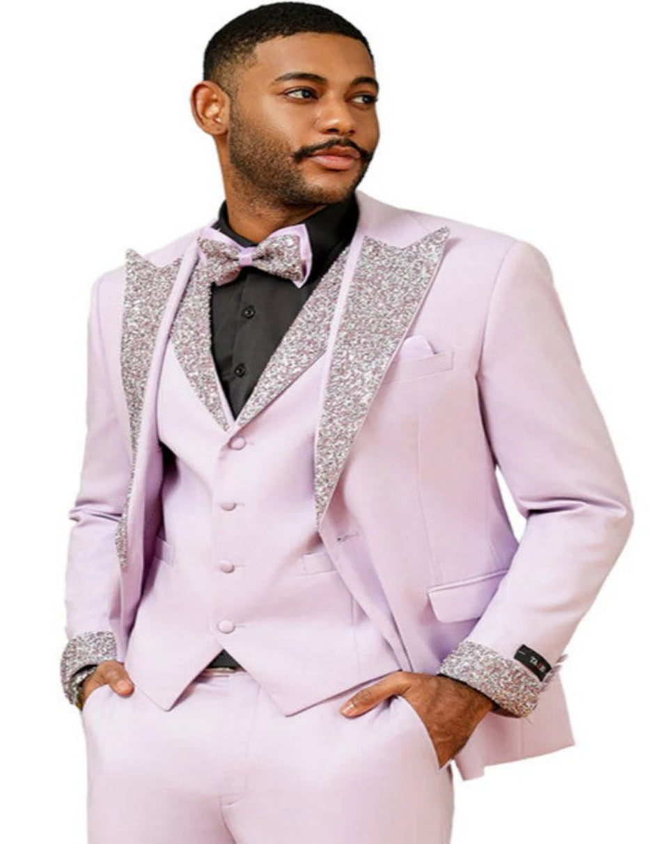 Gray and Pink Prom Tuxedo - Perfect Wedding Suit Vested rhinestone sequin Lapelled