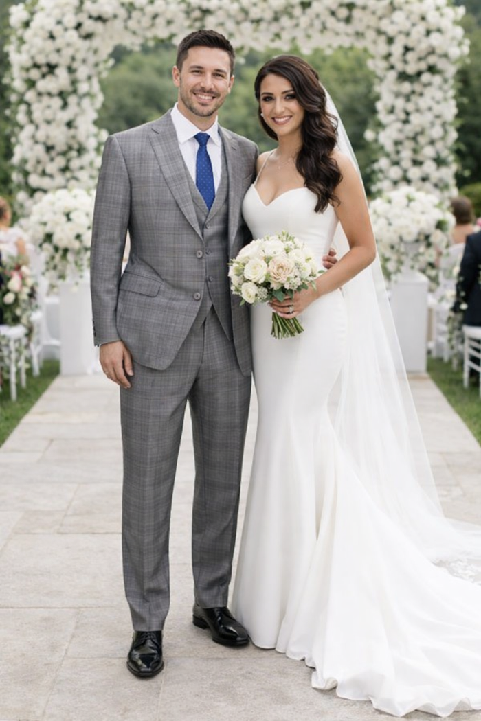 Gray Plaid Suit - Vested Suit - 3 Piece Suits - Peak Lapel Suits - Windowpane Suit - 2 Button