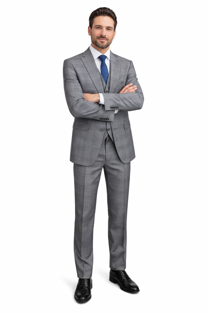 Gray Plaid Suit - Vested Suit - 3 Piece Suits - Peak Lapel Suits - Windowpane Suit - 2 Button