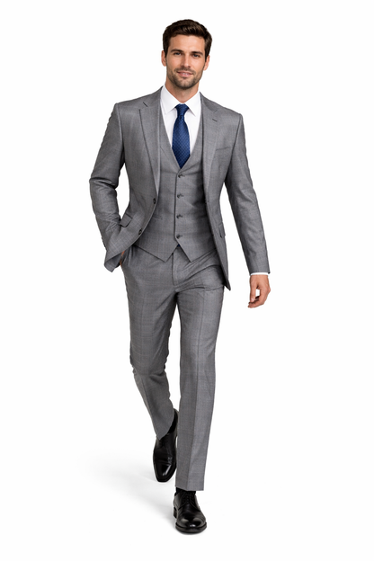 Gray Plaid Suit - Vested Suit - 3 Piece Suits - Peak Lapel Suits - Windowpane Suit - 2 Button