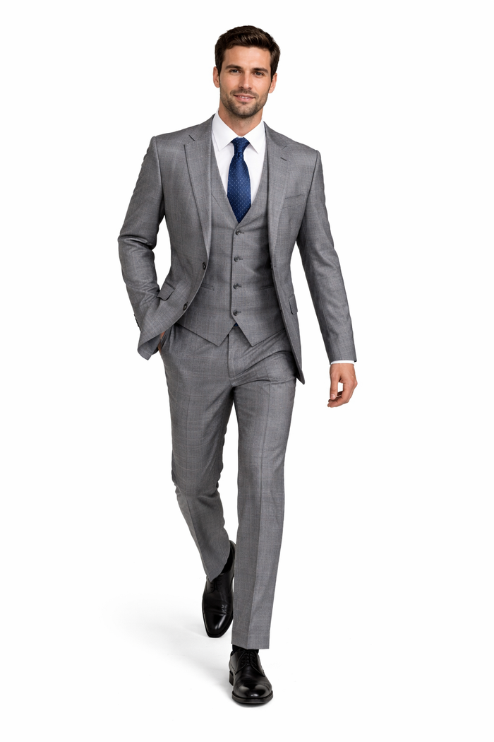 Gray Plaid Suit - Vested Suit - 3 Piece Suits - Peak Lapel Suits - Windowpane Suit - 2 Button