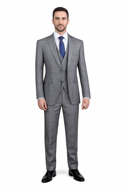 Gray Plaid Suit - Vested Suit - 3 Piece Suits - Peak Lapel Suits - Windowpane Suit - 2 Button