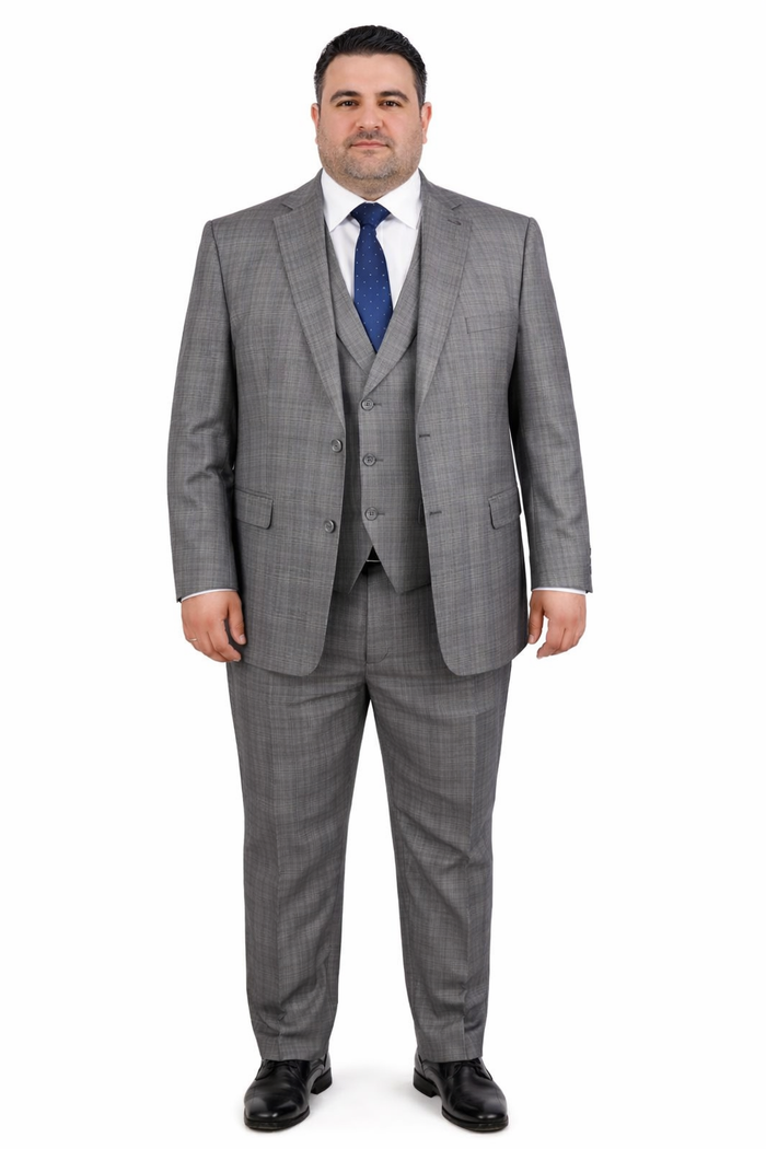 Gray Plaid Suit - Vested Suit - 3 Piece Suits - Peak Lapel Suits - Windowpane Suit - 2 Button