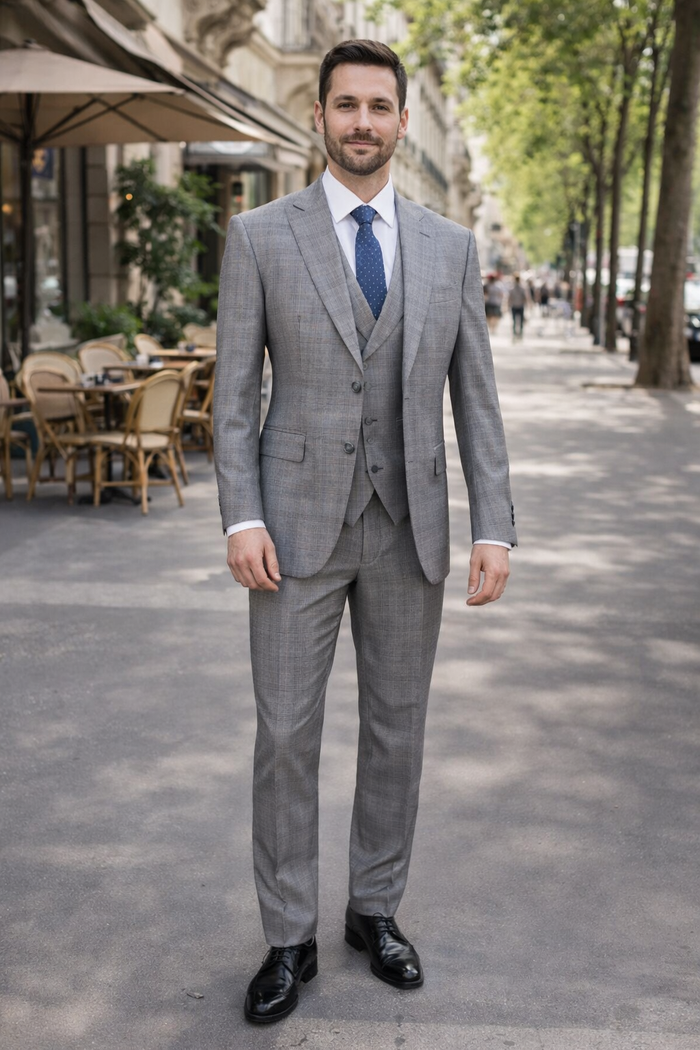 Gray Plaid Suit - Vested Suit - 3 Piece Suits - Peak Lapel Suits - Windowpane Suit - 2 Button