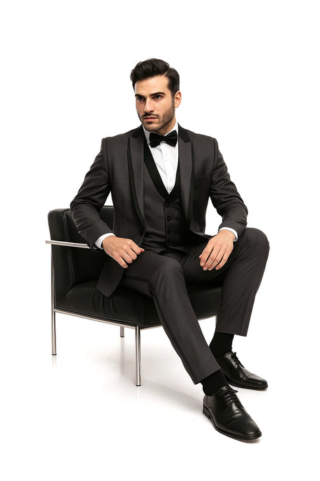 Gray Slim Fit Tuxedo 3 Piece with Satin Shawl Collar Vest
