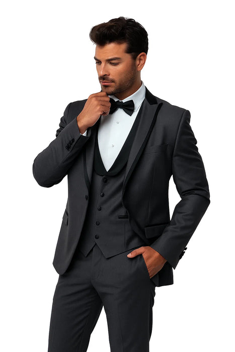 Gray Slim Fit Tuxedo 3 Piece with Satin Shawl Collar Vest