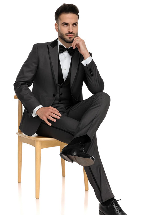 Gray Slim Fit Tuxedo 3 Piece with Satin Shawl Collar Vest