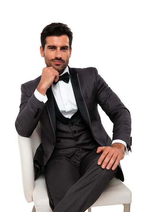 Gray Slim Fit Tuxedo 3 Piece with Satin Shawl Collar Vest
