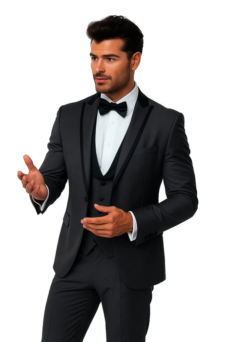Gray Slim Fit Tuxedo 3 Piece with Satin Shawl Collar Vest
