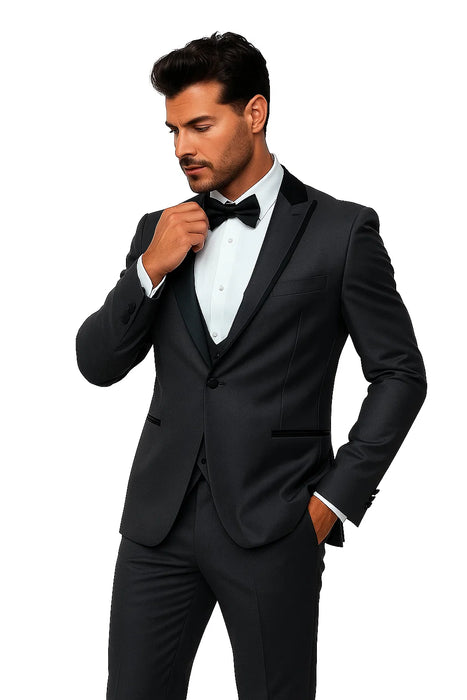 Gray Slim Fit Tuxedo 3 Piece with Satin Shawl Collar Vest