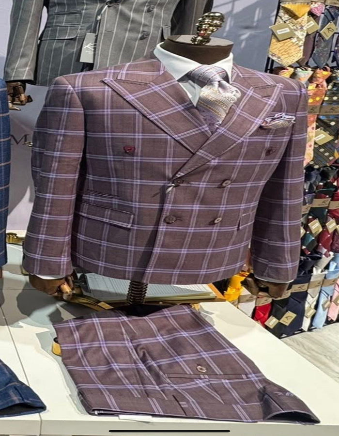 Rossiman Plaid Suit – Gray & Lavender Textured Windowpane Double-Breasted Suit Modern Fit