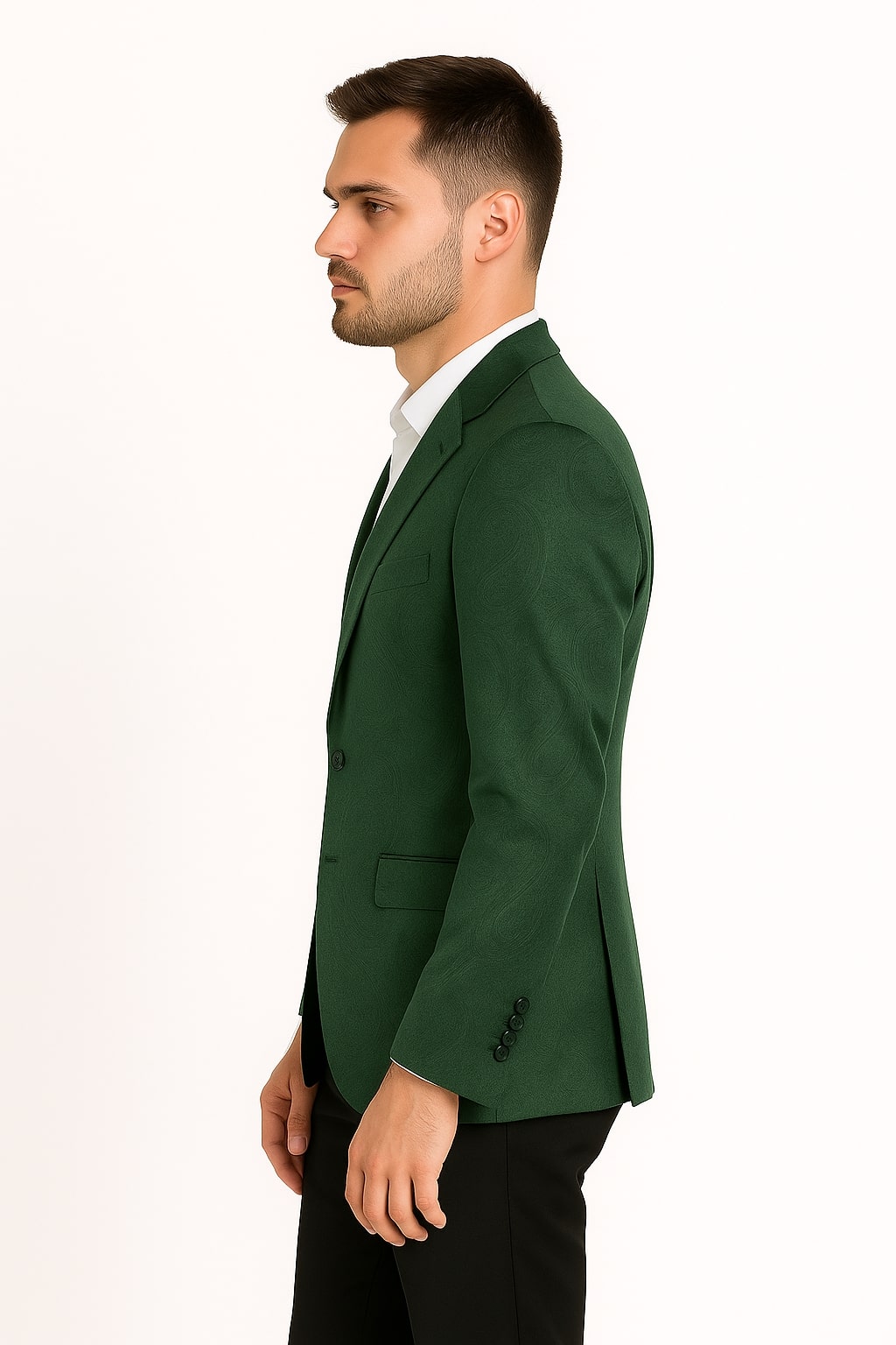 Mens Green Paisley Tuxedo Jacket – Slim Fit Embossed Formal Blazer for Weddings and Special Events in Soft velvet Fabric With Black Pants - Image 2