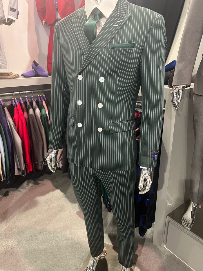 Mens Green Pinstripe Double-Breasted Suit – Slim Fit 2 Piece Formal Business Suit with Peak Lapel 1920s Gangster Pinstripe - Image 2