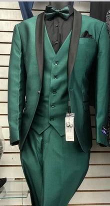 Men’s Emerald Green 3 Piece Tuxedo with Black Satin Shawl Lapel and Matching Vest