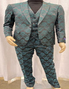 Mens Green and Black Brocade Tuxedo Suit – 3 Piece Floral Jacquard Outfit for Weddings and Formal Events - Slim Fitted
