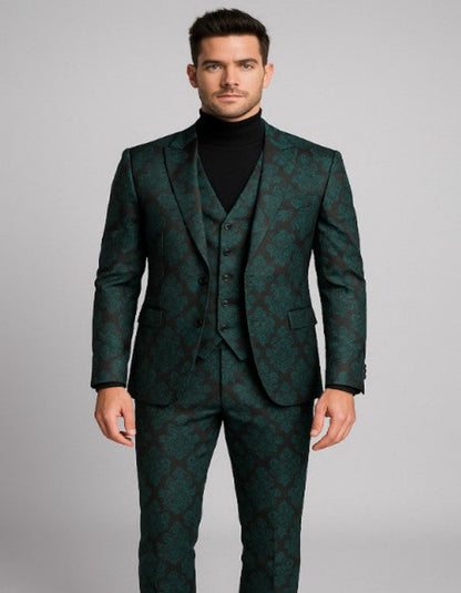 Mens Green and Black Brocade Tuxedo Suit – 3 Piece Floral Jacquard Outfit for Weddings and Formal Events - Slim Fitted - Image 2