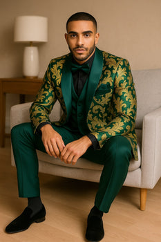 Mens Green and Gold Embroidered Tuxedo – 3-Piece Prom Suit - Image 3