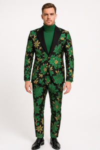 Men’s Green and Gold Floral Tuxedo Suit – Luxury 2 Piece Slim Fit Outfit for Weddings, Proms, and Special Events