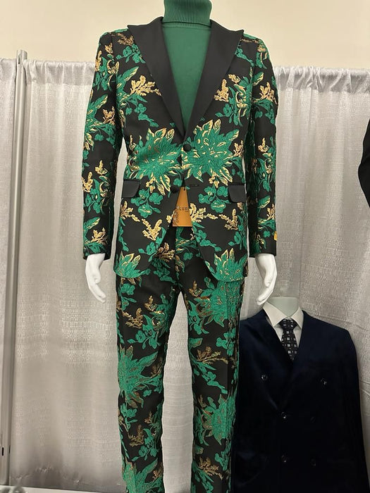 Men’s Green and Gold Floral Tuxedo Suit – Luxury 2 Piece Slim Fit Outfit for Weddings, Proms, and Special Events