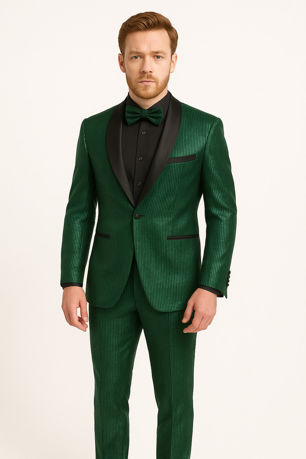 Men's Emerald Green Shiny Tuxedo with Black Satin Lapel and Matching Bow Tie – Ultra Slim Fit - Image 3