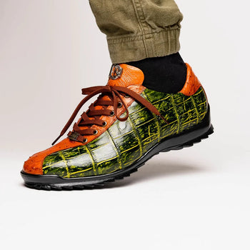 Marco Di Milano Saulo Men's Shoes Green & Cognac Exotic Ostich / Alligator Casual Sneakers - Image 6