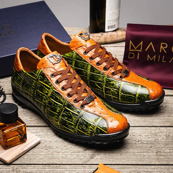 Marco Di Milano Saulo Men's Shoes Green & Cognac Exotic Ostich / Alligator Casual Sneakers - Image 7