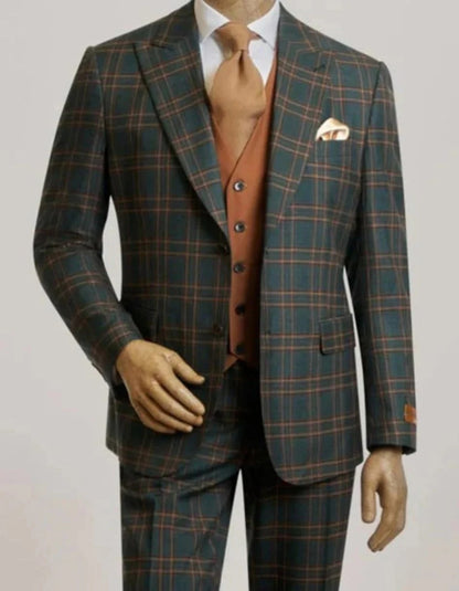 Steve Harvey Suits Clothing line - Steve Harvey Suits Mens Peak Lapel Modern Fit - No Pleated Pants Designer Brand Green 3 Piece Vested Suit
