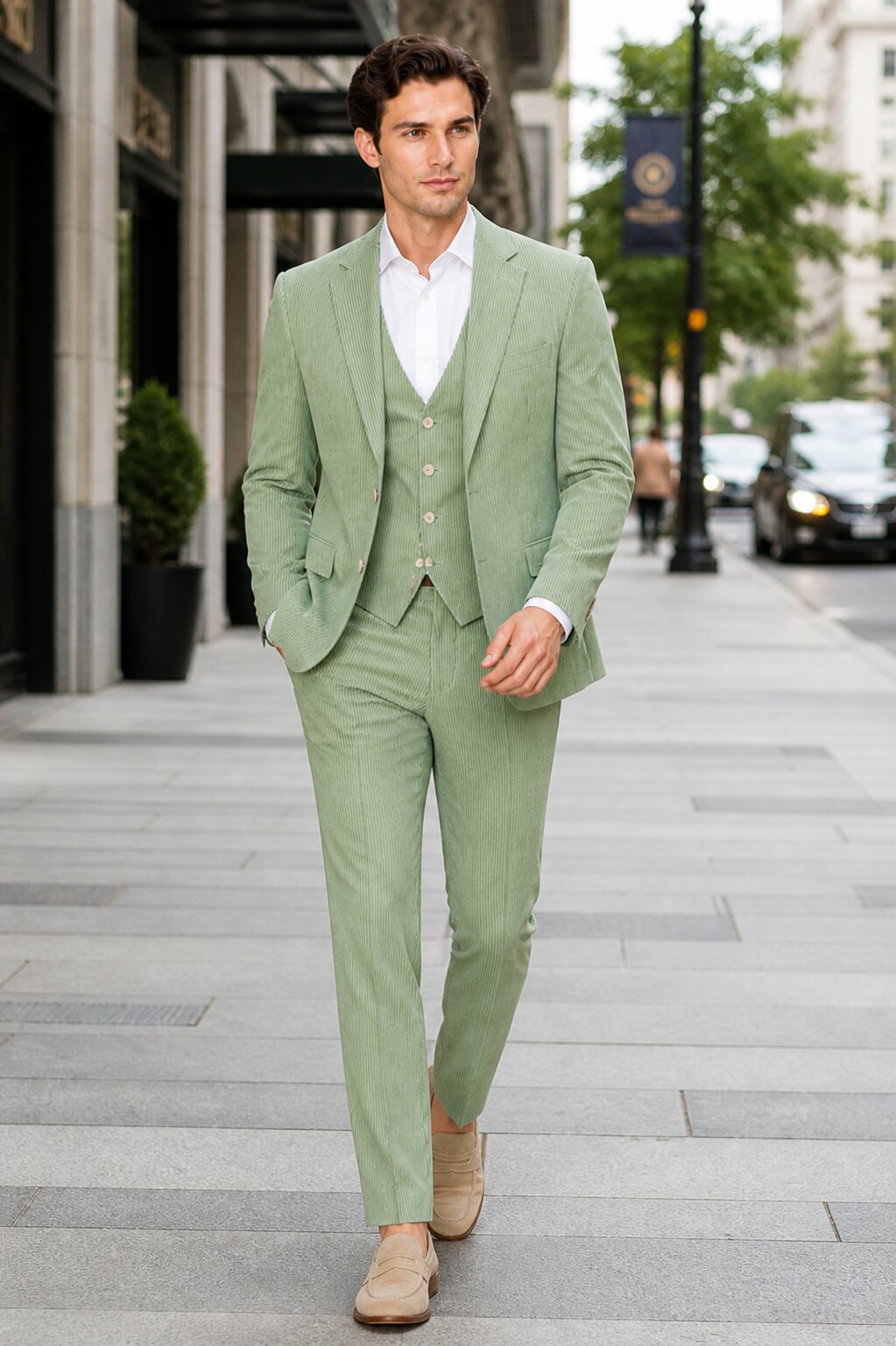 Men's  Notch Label Orange Colour Summer Seersucker Fabric Jacket and Pants 3 Piece Suit