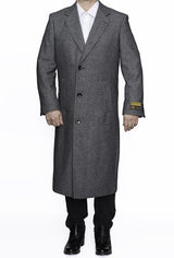 Mens Overcoat Mens Grey Herringbone Full Length Wool Dress Coat