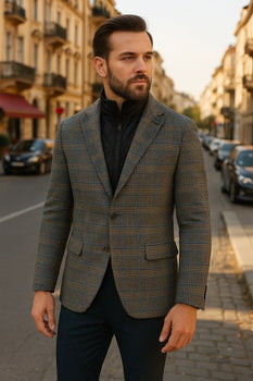 Mens Grey and Blue Glen Check Wool Blazer with Quilted Inner Layer - Image 4