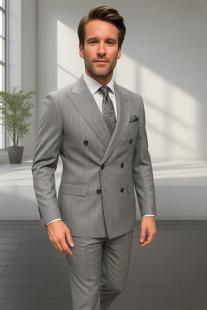 Wool Suit - Italian Made Business Suit by Statement Men's 2 Piece 100% Wool Double Breasted Suit - Pinstripe Pattern Modern Fit