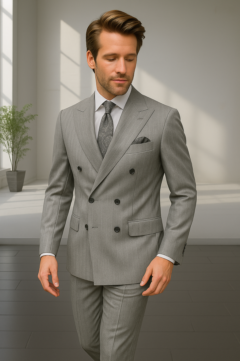 Wool Suit - Italian Made Business Suit by Statement Men's 2 Piece 100% Wool Double Breasted Suit - Pinstripe Pattern Modern Fit